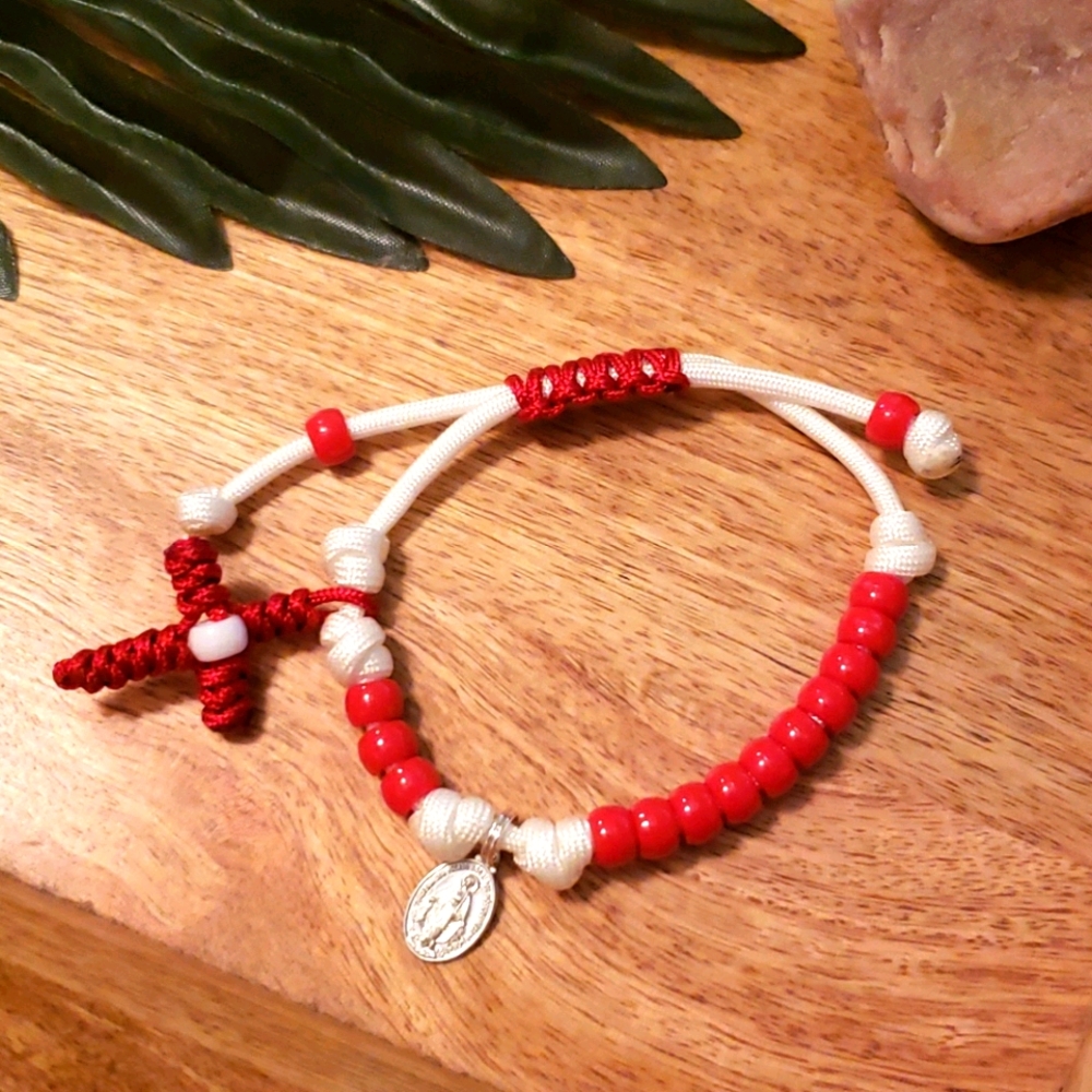 NEW! Rosary Bracelet HANDMADE Red on White